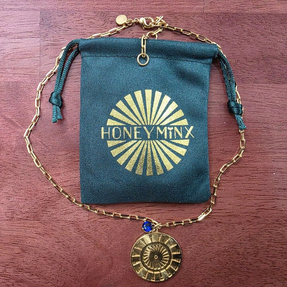 Honey Minx Radiant Sun Charm Necklace Sapphire Gold Plated Brass Pendant